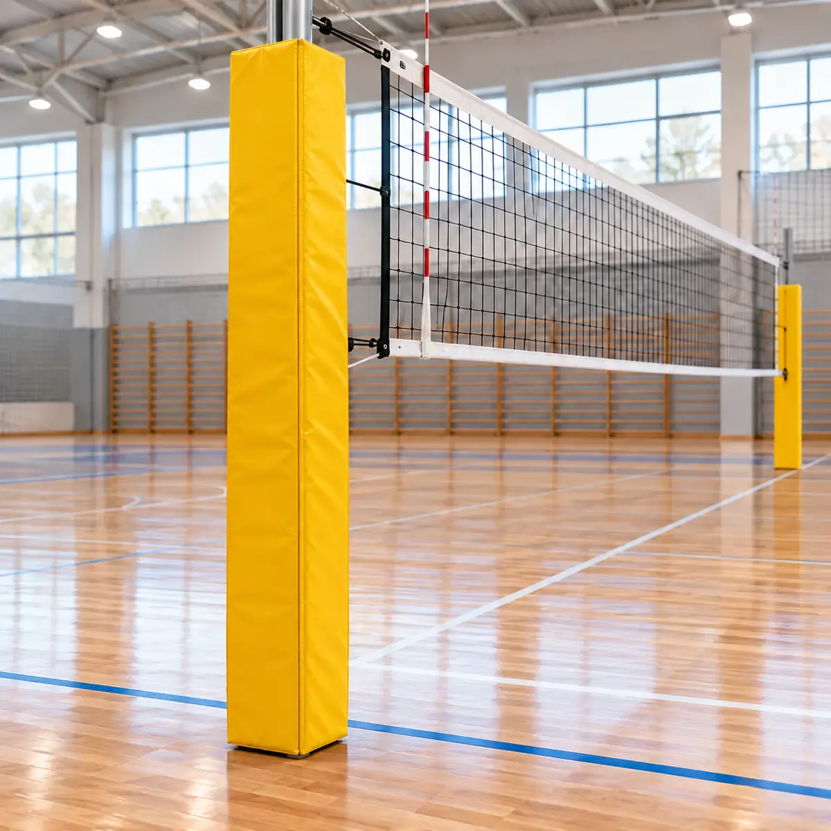Osłony piankowe 4 Żółta osłona piankowa słupka do siatkówki w hali sportowej